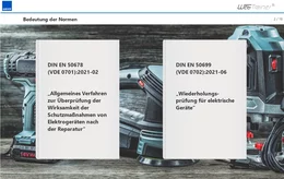 In beiden Normen geht es um die Prüfungen von elektrischen Betriebsmitteln – einmal um die Prüfung nach Reparatur und einmal um die Wiederholungsprüfung. Dieser Kurs vermittelt Ihnen Kenntnisse über die Prüfmethoden und einen sicheren Betriebsablauf.