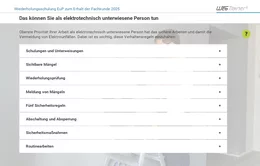 Der Kurs sensibilisiert die elektrotechnisch unterwiesenen Personen zunächst für die Gefahren ihrer Arbeit mit elektrischem Strom. Anschließend unterweist er sie darin, wie sie sicher arbeiten und Elektrounfälle vermeiden.   