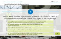 Die Teilnehmer absolvieren ein Quiz und üben damit entscheidende Anforderungen wichtiger elektrotechnischer Normen ein. Gleichzeitig überprüfen sie damit ihren Wissenstand.  