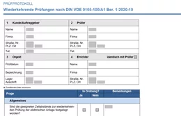  Die Teilnehmenden können ein vollständiges Prüfprotokoll für wiederkehrende Prüfungen nach DIN VDE 0105-100 downloaden. So nehmen sie das Gelernte gleich in die Praxis mit und vergessen nichts bei ihren eigenen Wiederholungsprüfungen. 