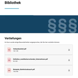 Die Bibliothek ermöglicht ein Nachschlagen relevanter Inhalte, auch wenn das Training schon einige Zeit zurückliegt. Informative Infografiken fassen beispielsweise die wichtigsten Inhalte zum Thema Kartellrecht noch einmal zusammen.