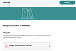 Die Bibliothek ermöglicht ein Nachschlagen relevanter Inhalte, auch wenn das Training schon einige Zeit zurückliegt. Informative Infografiken fassen beispielsweise die wichtigsten Inhalte zum Thema Diskriminierungsfreie Sprache im Unternehmen fördern noch einmal zusammen.