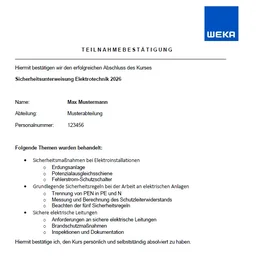 Wenn die Teilnehmer die Verständniskontrolle erfolgreich durchlaufen haben, können sie sich eine Teilnahmebestätigung abspeichern und/oder ausdrucken und unterschreiben. Dies dient zur Dokumentation der jährlichen Pflichtunterweisung. 