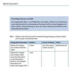 Nutzen Sie Tabellen und Praxistipps für rechtssichere Prüfungen, wie in dem Beispiel für Prüfungen nach DGUV Vorschrift 3.