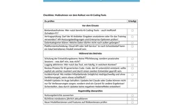 Ausschnitt aus einer Word-Checkliste. Diese konkrete Checkliste bündelt zentrale Maßnahmen vor dem Einsatz, während des Betriebs und für die regelmäßige Überprüfung – von Vertrags- und Datenfragen bis zu Schulung, Code-Review und Modell-Updates.
