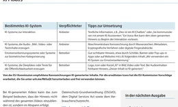 Die Tabelle zeigt auf einen Blick, wer für die Kennzeichnung verschiedener KI-Systeme verantwortlich ist und wie sich die Transparenzpflichten konkret erfüllen lassen. 