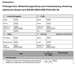 Wir möchten Ihnen das praktische Vorgehen bei den jeweiligen Prüfungen in Form von Prüfprotokollen erleichtern. Diese Prüfprotokolle berücksichtigen den zum heutigen Zeitpunkt geltenden Normenstand und zeigen Ihnen, nach welchem Schema Sie bei Erst- und Wiederholungsprüfungen vorgehen sollten bzw. können.