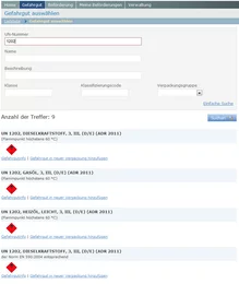 Komfortable Suche zur Auswahl der zu transportierenden Gefahrgüter für Ihre Beförderung