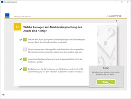 Der Kurs schließt mit einer Verständniskontrolle ab. Sie kann beliebig oft wiederholt werden, bis die notwendige Anzahl der Fragen richtig beantwortet wurde. Das Bestehen der Verständniskontrolle gewährleistet, dass die Lerninhalte des Kurses vom Teilnehmer verstanden wurden.