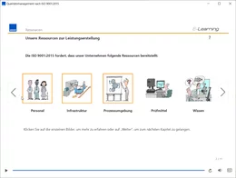 An vielen Stellen wird der Teilnehmer aufgefordert, aktiv zu werden, etwa Bilder anzuklicken o.ä., hinter denen weitere, vertiefende Informationen zur Verfügung stehen. Auf diese Weise werden die teilweise sehr abstrakten Begriffe und Forderungen der Norm erklärt und ein Bezug zur Arbeitswelt der Teilnehmer hergestellt. 