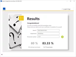 Der Kurs schließt mit einer Verständniskontrolle ab. Wenn der Teilnehmer mindestens 80 Prozent – also fünf von sechs – der Fragen richtig beantwortet hat, kann er sich eine individuelle Teilnahmebestätigung ausdrucken und unterschreiben. Diese können Sie zur Dokumentation der erfolgreich durchgeführten Schulung nutzen.